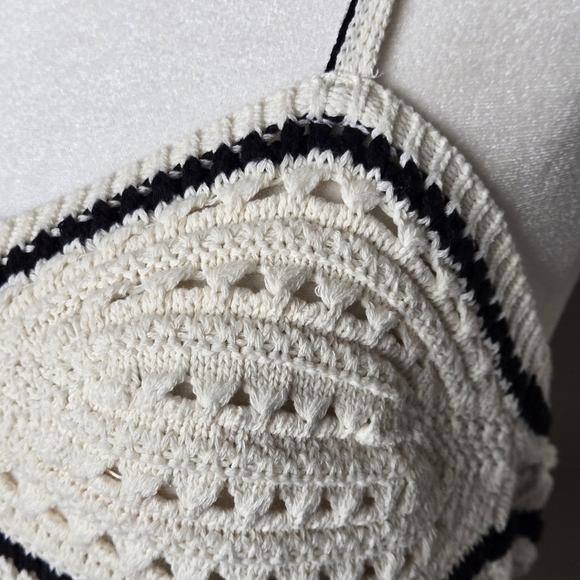 Zara Boho Crochet Open Knit Strappy Beach Maxi Dress Cream with Black Trim Large - Picture 7 of 11